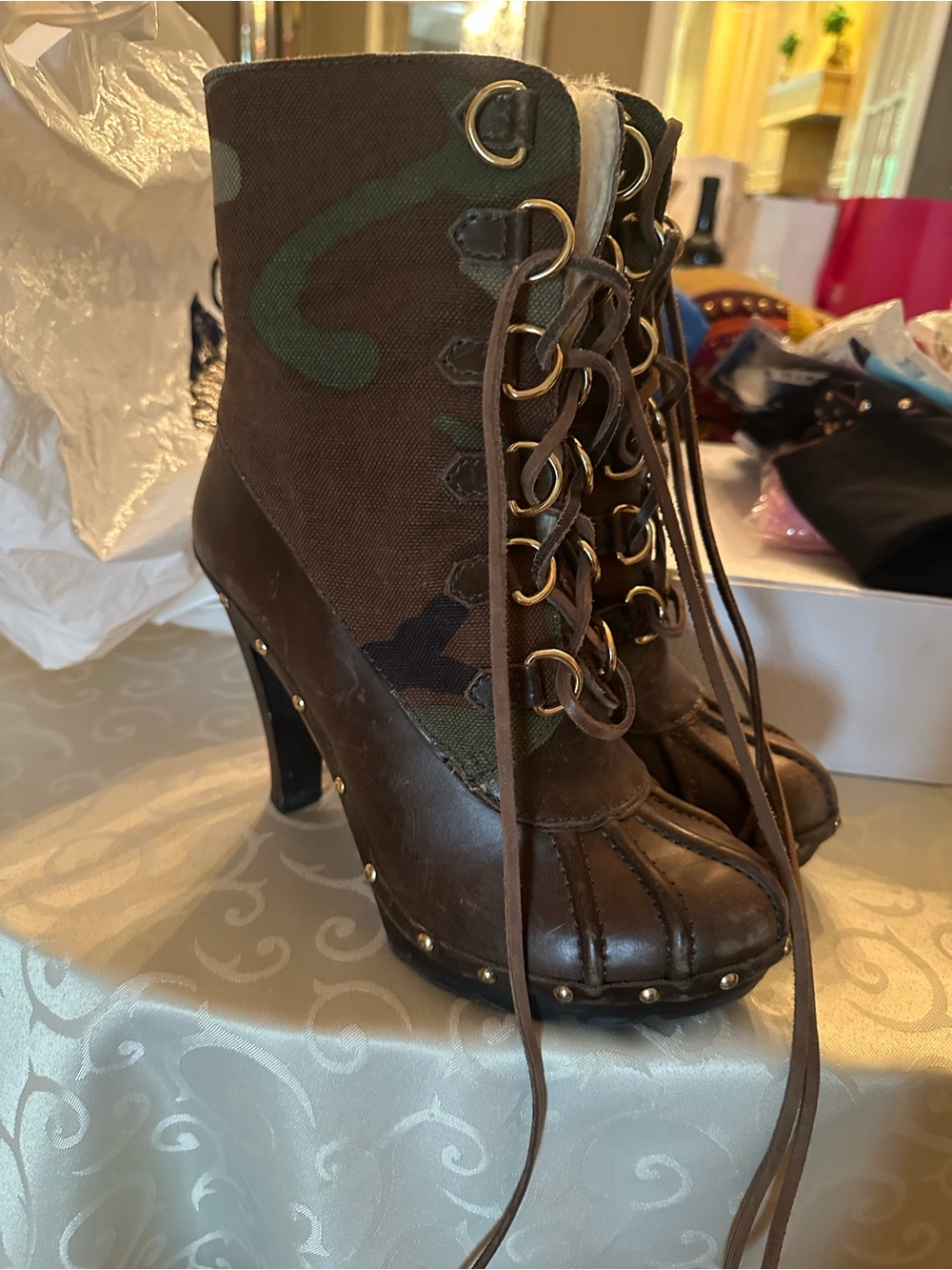 Brown Camouflage Lace-Up High Heel Ankle Boots Michael kors. Shearling